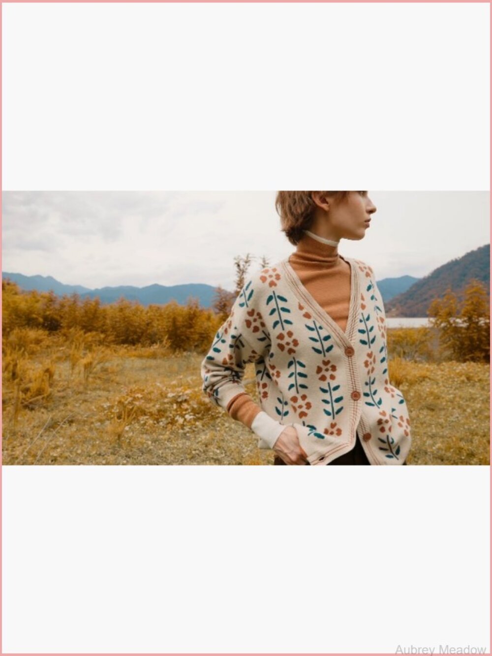Floral Print V Neck Cardigan Open Front Button Down Knit Sweater Long Sleeve - Picture 6 of 7
